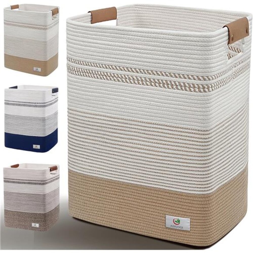 Laundry Hamper - 85L Large Laundry Basket with Leather Handles, Decorative